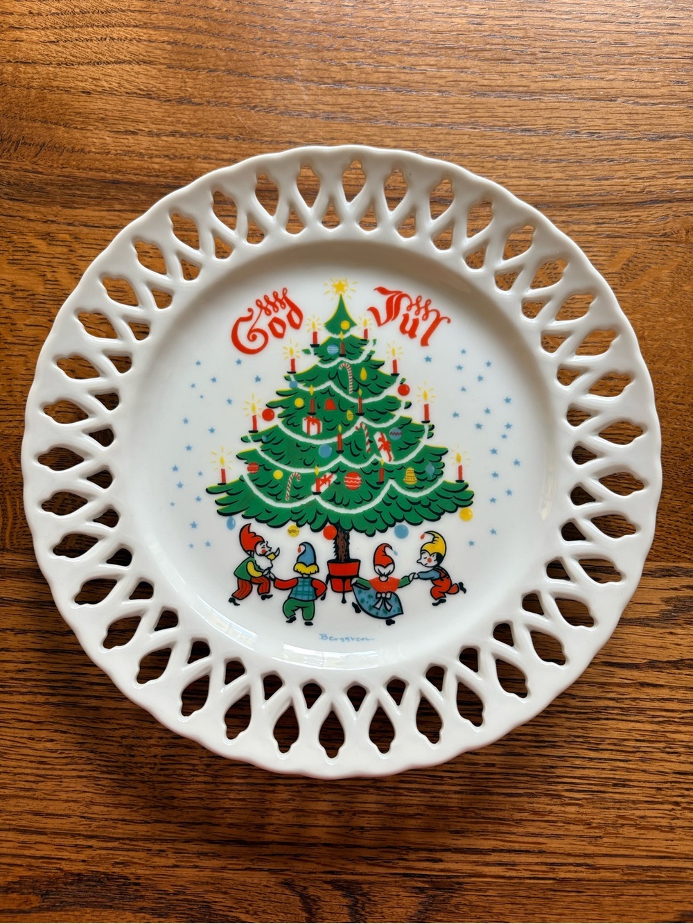 Vintage Laced Edge Berggren Christmas Plate with holes for hanging.